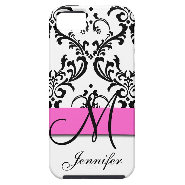 Monogrammed Pink Black White Swirls Damask Case-Mate iPhone Case (Back)