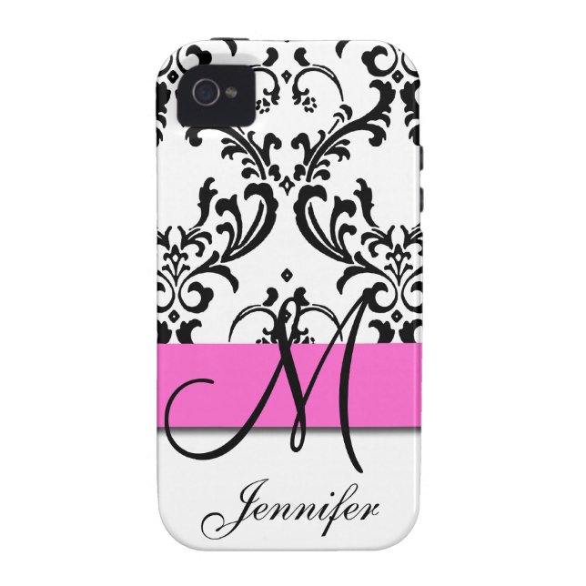 Monogrammed Pink Black White Swirls Damask Case-Mate iPhone Case (Back)