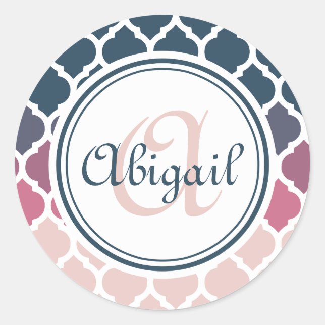 Monogrammed Pink Blue Moroccan Lattice Pattern Classic Round Sticker (Front)