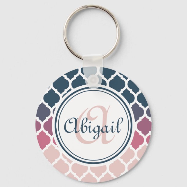 Monogrammed Pink Blue Moroccan Lattice Pattern Keychain (Front)