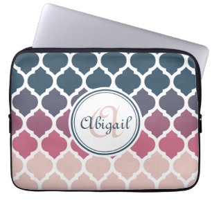 Monogrammed Pink Blue Moroccan Lattice Pattern Laptop Sleeve