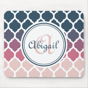 Monogrammed Pink Blue Moroccan Lattice Pattern Mouse Pad