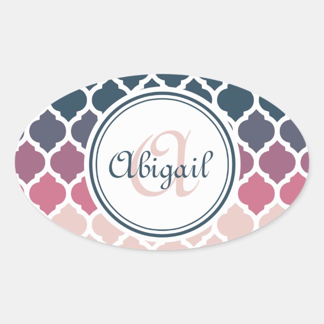 Monogrammed Pink Blue Moroccan Lattice Pattern Oval Sticker (Front)