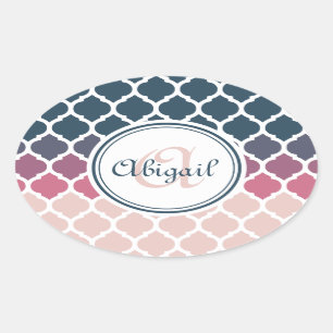 Monogrammed Pink Blue Moroccan Lattice Pattern Oval Sticker