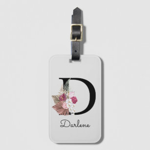 Monogrammed Pink Boho Floral Initial D Luggage Tag
