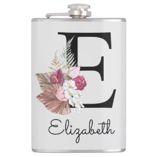 Monogrammed Pink Boho Floral Initial E Hip Flask