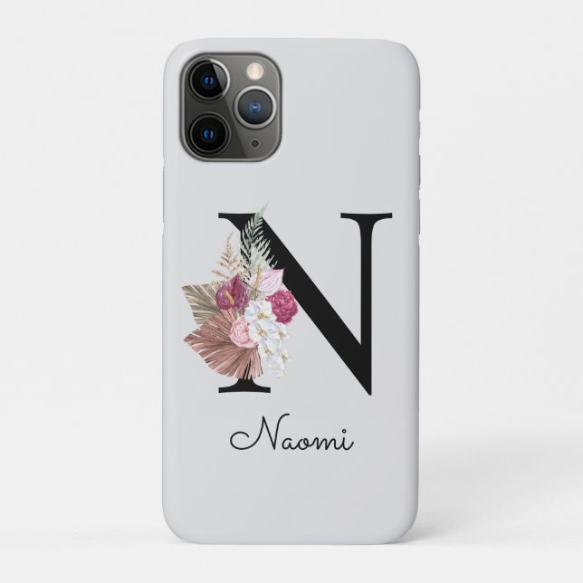 Monogrammed Pink Boho Floral Initial N Case-Mate iPhone Case (Back)