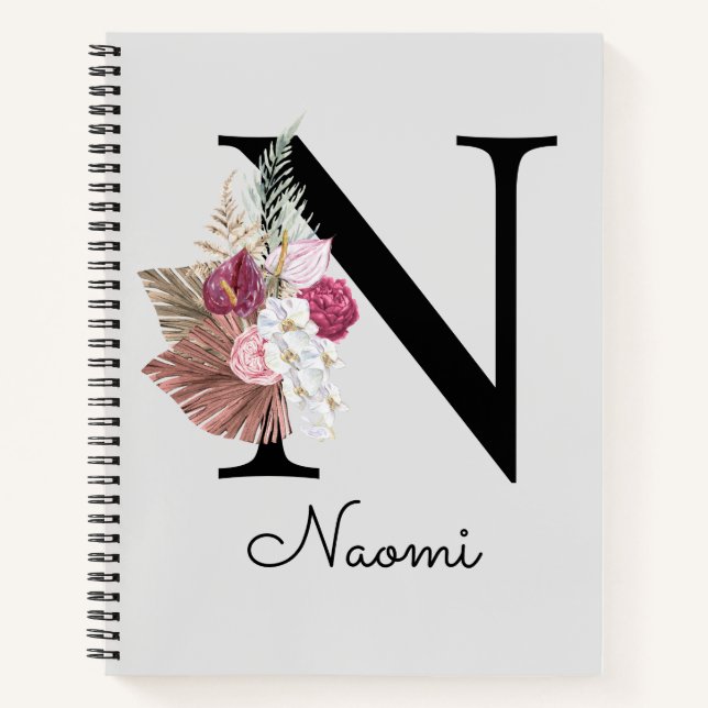 Monogrammed Pink Boho Floral Initial N Notebook (Front)