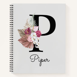 Monogrammed Pink Boho Floral Initial P Notebook