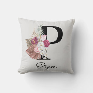 Monogrammed Pink Boho Floral Initial P Throw Pillow