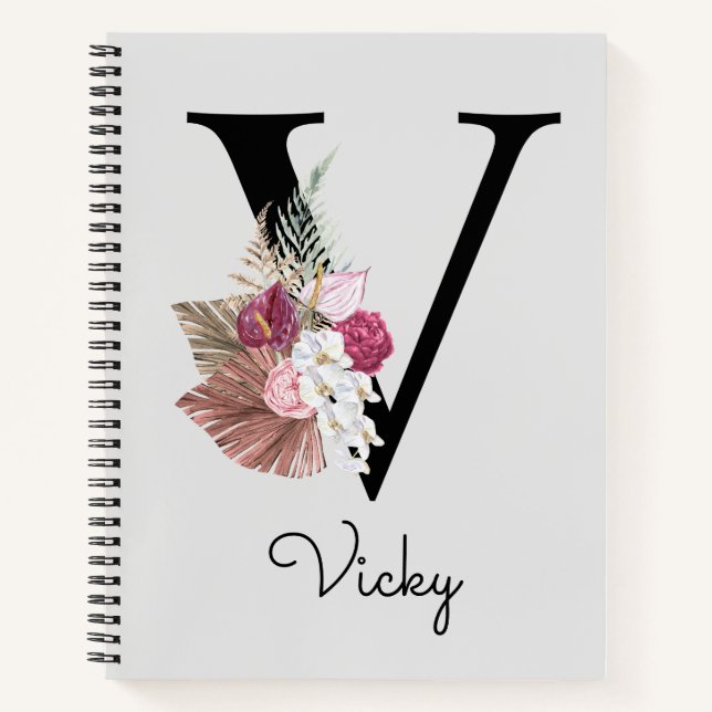 Monogrammed Pink Boho Floral Initial V Notebook (Front)