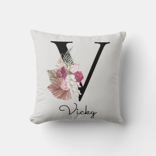 Monogrammed Pink Boho Floral Initial V Throw Pillow