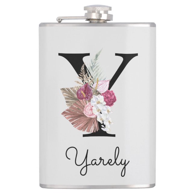 Monogrammed Pink Boho Floral Initial Y Hip Flask (Front)