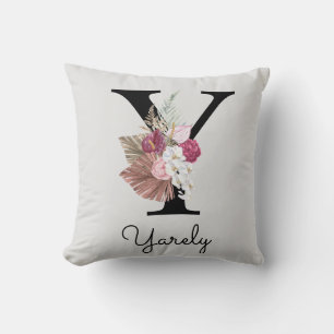 Monogrammed Pink Boho Floral Initial Y Throw Pillow