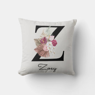 Monogrammed Pink Boho Floral Initial Z Throw Pillow
