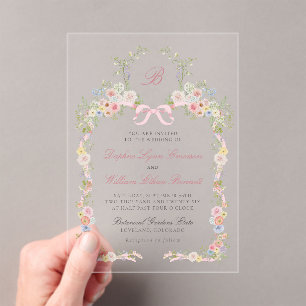 Monogrammed Pink Bows and Wildflowers Wedding Acrylic Invitations