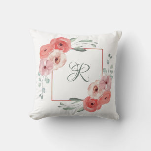 Monogrammed Pink Coral and White Green Floral Throw Pillow