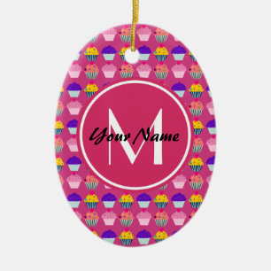 Monogrammed Pink Cupcakes, Personalized Name Ceramic Ornament