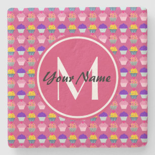 Monogrammed Pink Cupcakes, Personalized Name Stone Coaster