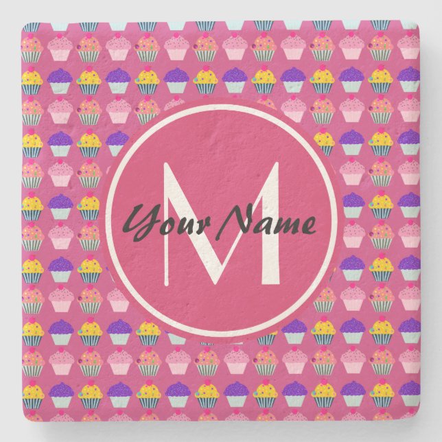 Monogrammed Pink Cupcakes, Personalized Name Stone Coaster (Front)