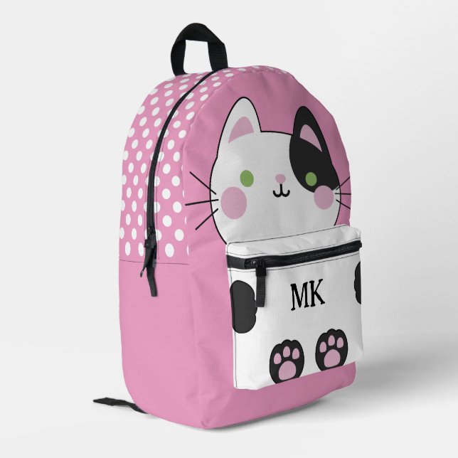 Monogrammed Pink Cute Cat Kids Printed Backpack (Back Corner Left)