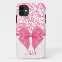 Monogrammed Pink Damask and Pink Ribbon