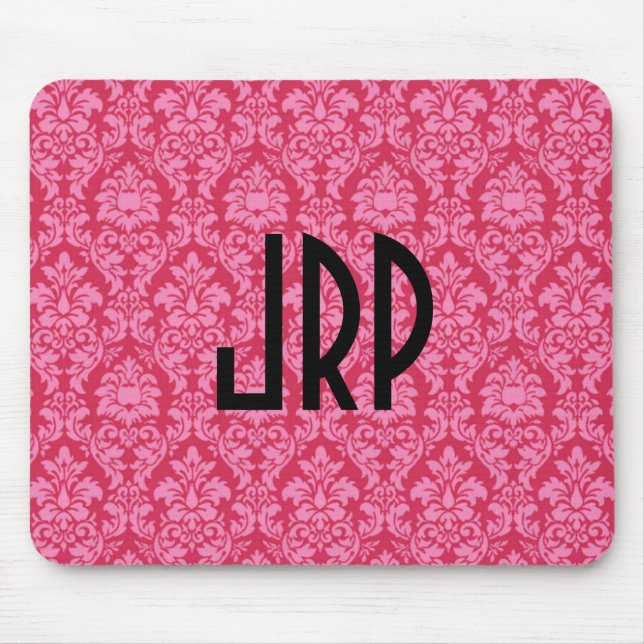 Monogrammed Pink Damask Mouse Pad (Front)