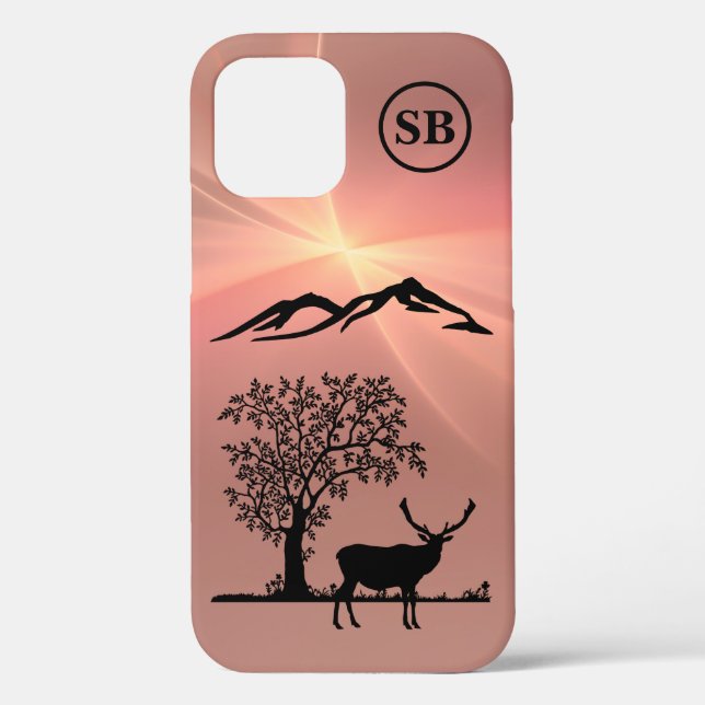 Monogrammed Pink Deer Apple iPhone 12 Case (Back)