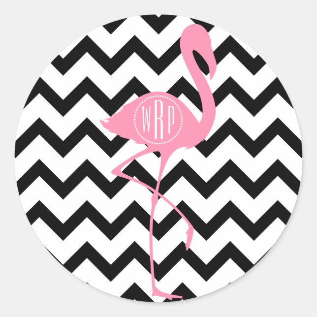 Monogrammed Pink Flamingo + Black Chevron Classic Round Sticker (Front)