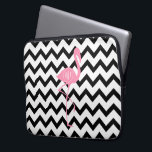 Monogrammed Pink Flamingo   Black Chevron Laptop Sleeve<br><div class="desc">A gift featuring an illustration of a pink flamingo.  Personalize with your monogram inside circle on flamingo's body.  Background is black and white chevron.</div>