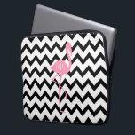 Monogrammed Pink Flamingo   Black Chevron Laptop Sleeve<br><div class="desc">A gift featuring an illustration of a pink flamingo.  Personalize with your monogram inside circle on flamingo's body.  Background is black and white chevron.</div>