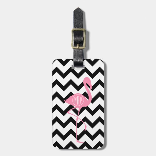 Monogrammed Pink Flamingo + Black Chevron Luggage Tag (Front Vertical)