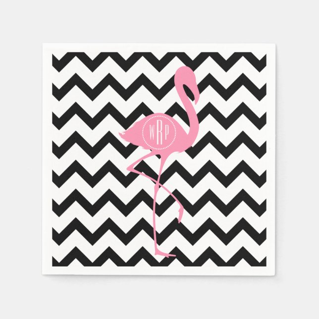 Monogrammed Pink Flamingo + Black Chevron Napkin (Front)