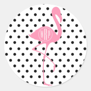 Monogrammed Pink Flamingo + Black Polka Dot Classic Round Sticker