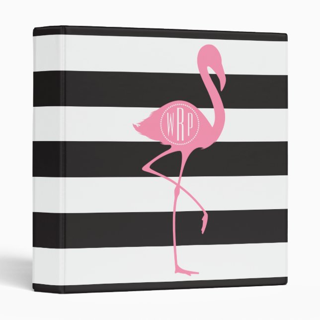 Monogrammed Pink Flamingo + Black + White Stripes Binder (Front/Spine)