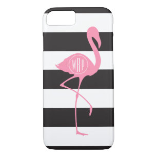 Monogrammed Pink Flamingo + Black + White Stripes Case-Mate iPhone Case