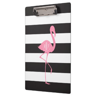 Monogrammed Pink Flamingo + Black + White Stripes Clipboard