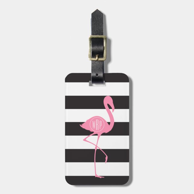 Monogrammed Pink Flamingo + Black + White Stripes Luggage Tag (Front Vertical)