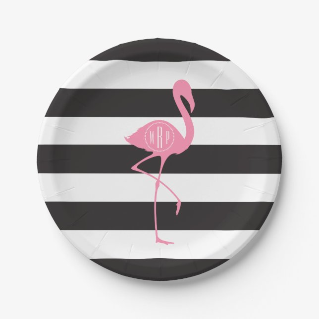 Monogrammed Pink Flamingo + Black + White Stripes Paper Plate (Front)