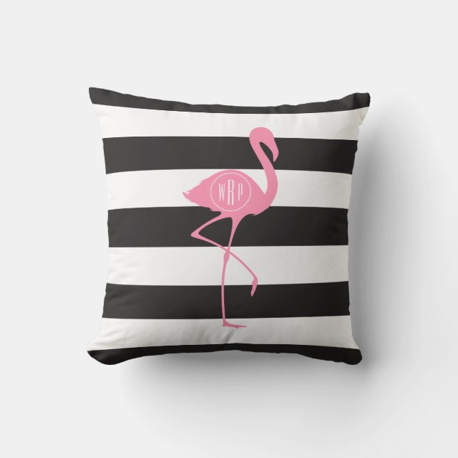 Monogrammed Pink Flamingo + Black + White Stripes Throw Pillow (Front)