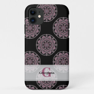 Monogrammed Pink Floral Fronds Polka Dot Mandala iPhone 11 Case
