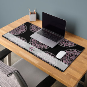 Monogrammed Pink Floral Fronds Polka Dot Mandala Desk Mat