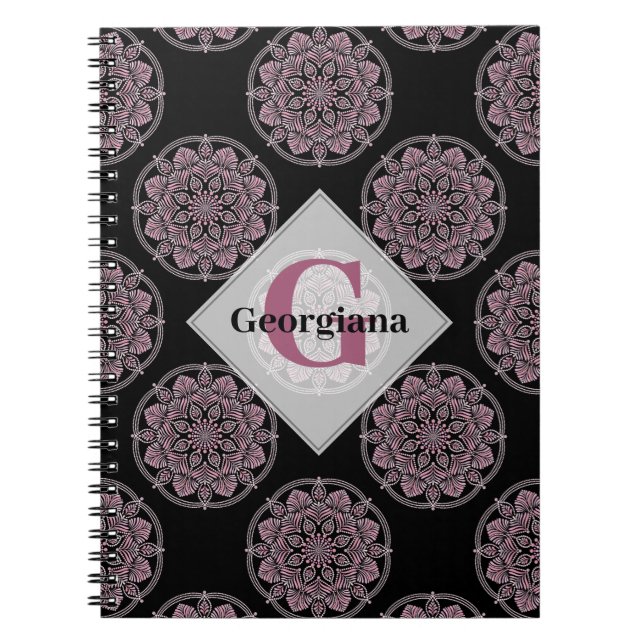Monogrammed Pink Floral Fronds Polka Dot Mandala Notebook (Front)