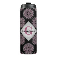 Monogrammed Pink Floral Fronds Polka Dot Mandala