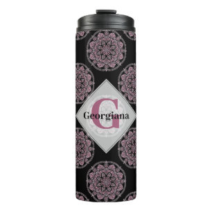 Monogrammed Pink Floral Fronds Polka Dot Mandala Thermal Tumbler