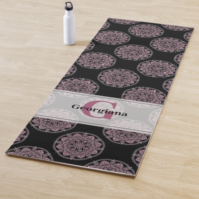 Monogrammed Pink Floral Fronds Polka Dot Mandala Yoga Mat (In Situ)
