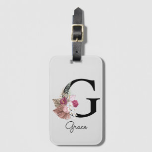 Monogrammed Pink Floral Initial G Luggage Tag