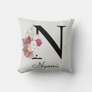 Monogrammed Pink Floral Initial N Throw Pillow