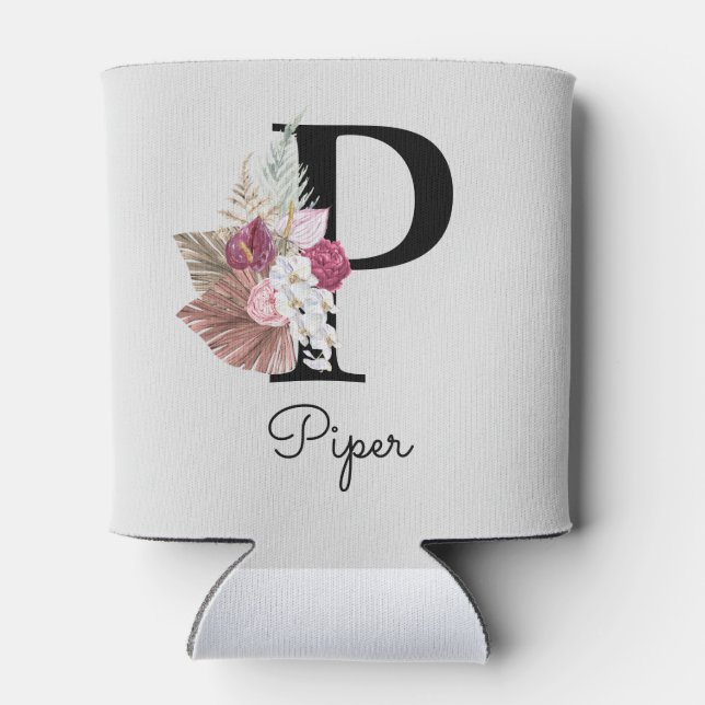 Monogrammed Pink Floral Initial P Can Cooler (Back)