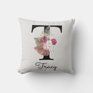 Monogrammed Pink Floral Initial T Throw Pillow